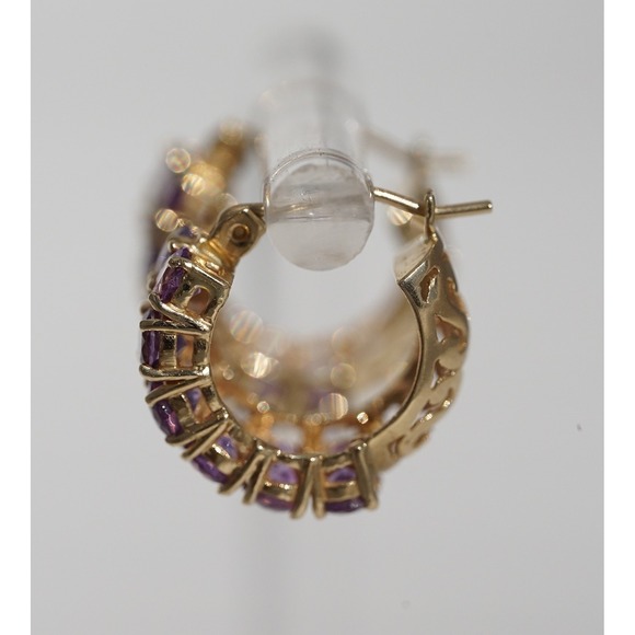 Vintage 14k Solid Yellow Gold Natural Ameythyst Huggie Hoop Earrings - Mexico - Picture 4 of 7